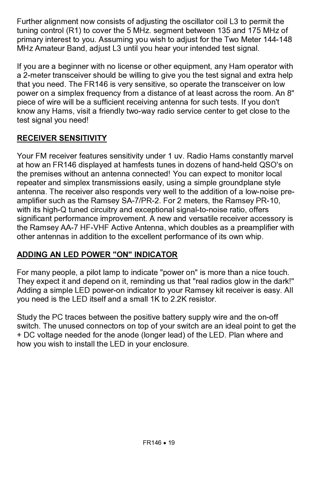 Ramsey Electronics FR146 manual Receiver Sensitivity, Adding AN LED Power on Indicator 