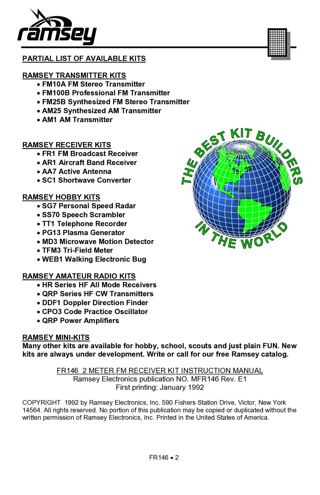 Ramsey Electronics FR146 manual Partial List of Available Kits Ramsey Transmitter Kits 