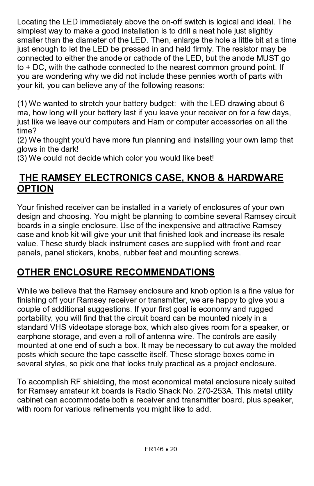 Ramsey Electronics FR146 manual Ramsey Electronics CASE, Knob & Hardware Option 