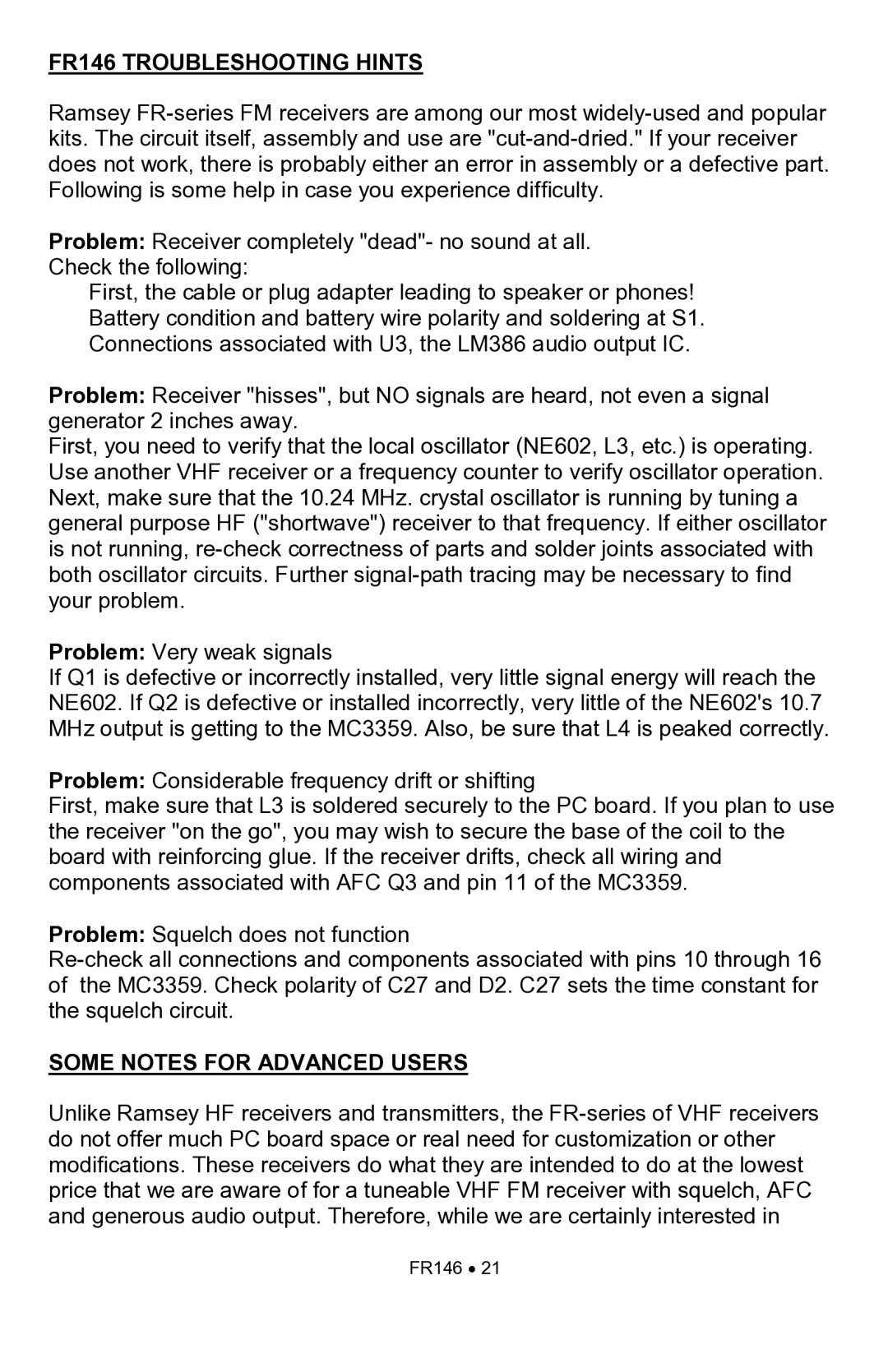 Ramsey Electronics manual FR146 Troubleshooting Hints, Some Notes for Advanced Users 