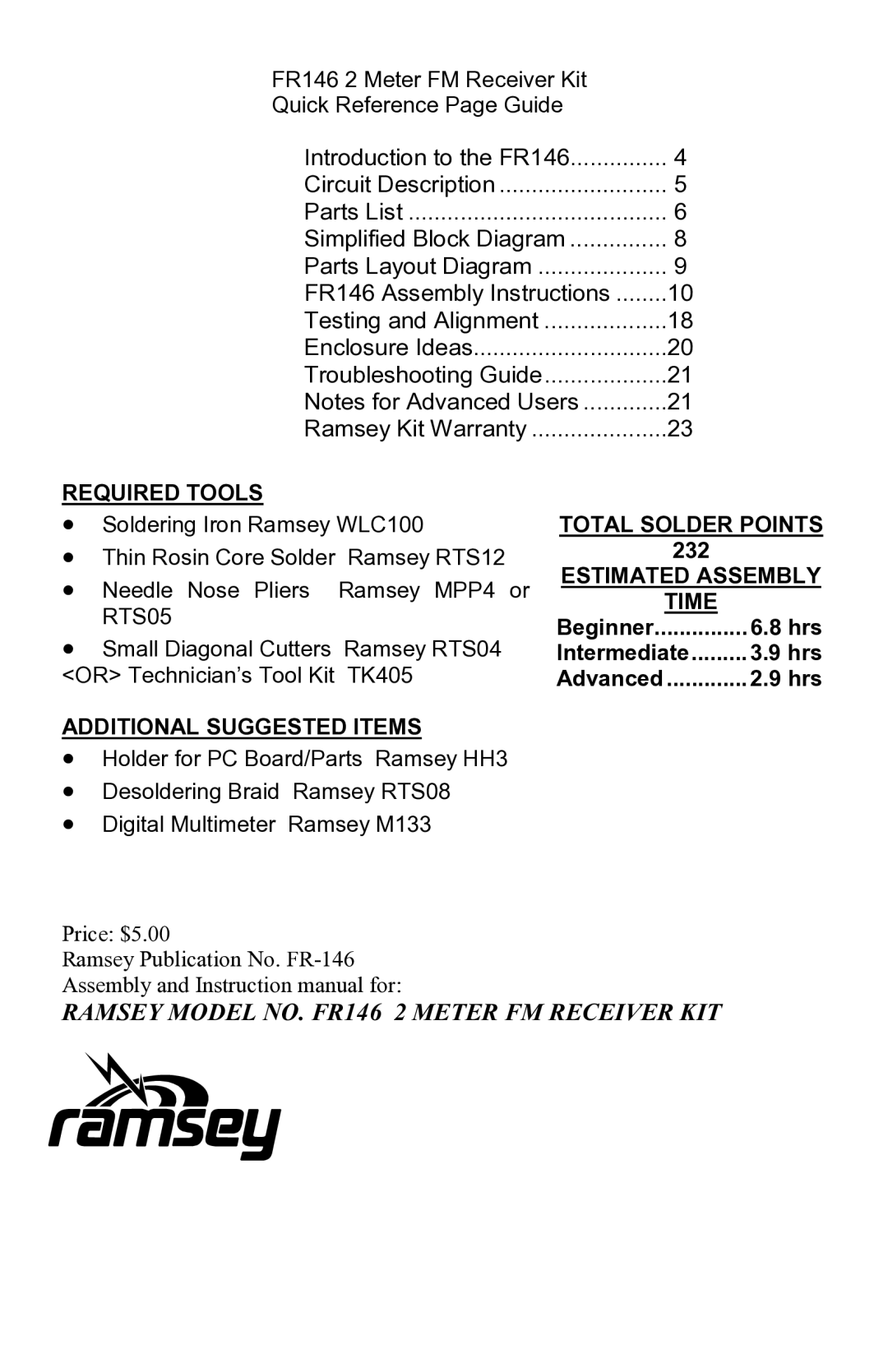 Ramsey Electronics FR146 manual Required Tools, Total Solder Points, Estimated Assembly, Time, Additional Suggested Items 