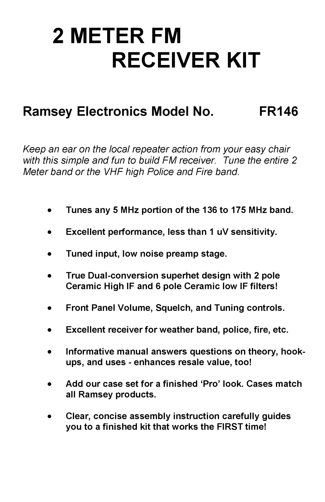 Ramsey Electronics FR146 manual Meter Fm Receiver Kit, Ramsey Electronics Model No 