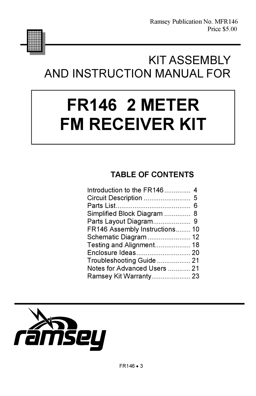 Ramsey Electronics manual FR146 2 METER FM RECEIVER KIT, Table Of Contents, Kit Assembly 