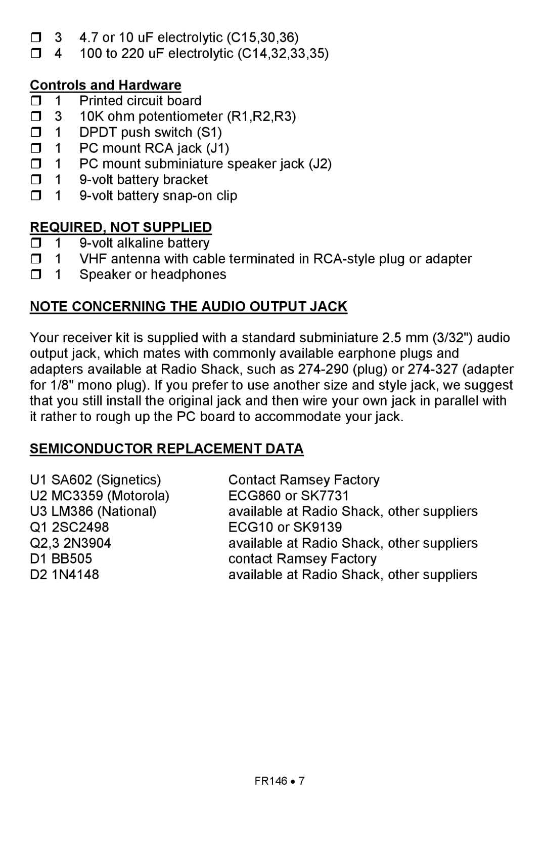 Ramsey Electronics FR146 manual Controls and Hardware, Required, Not Supplied, Note Concerning The Audio Output Jack 