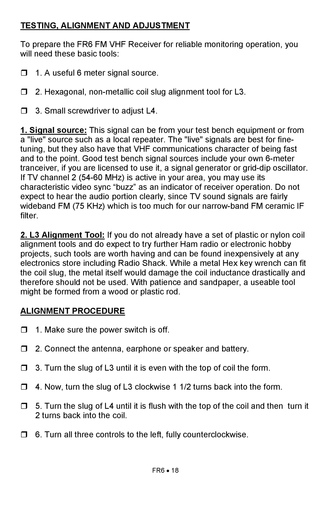 Ramsey Electronics FR6 manual TESTING, Alignment and Adjustment, Alignment Procedure 