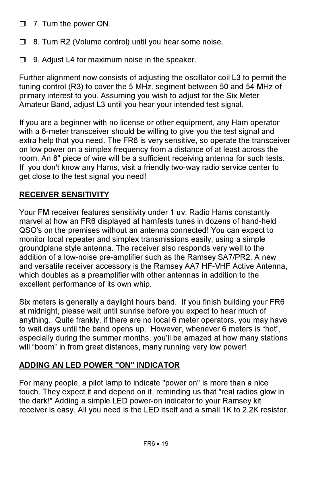 Ramsey Electronics FR6 manual Receiver Sensitivity, Adding AN LED Power on Indicator 