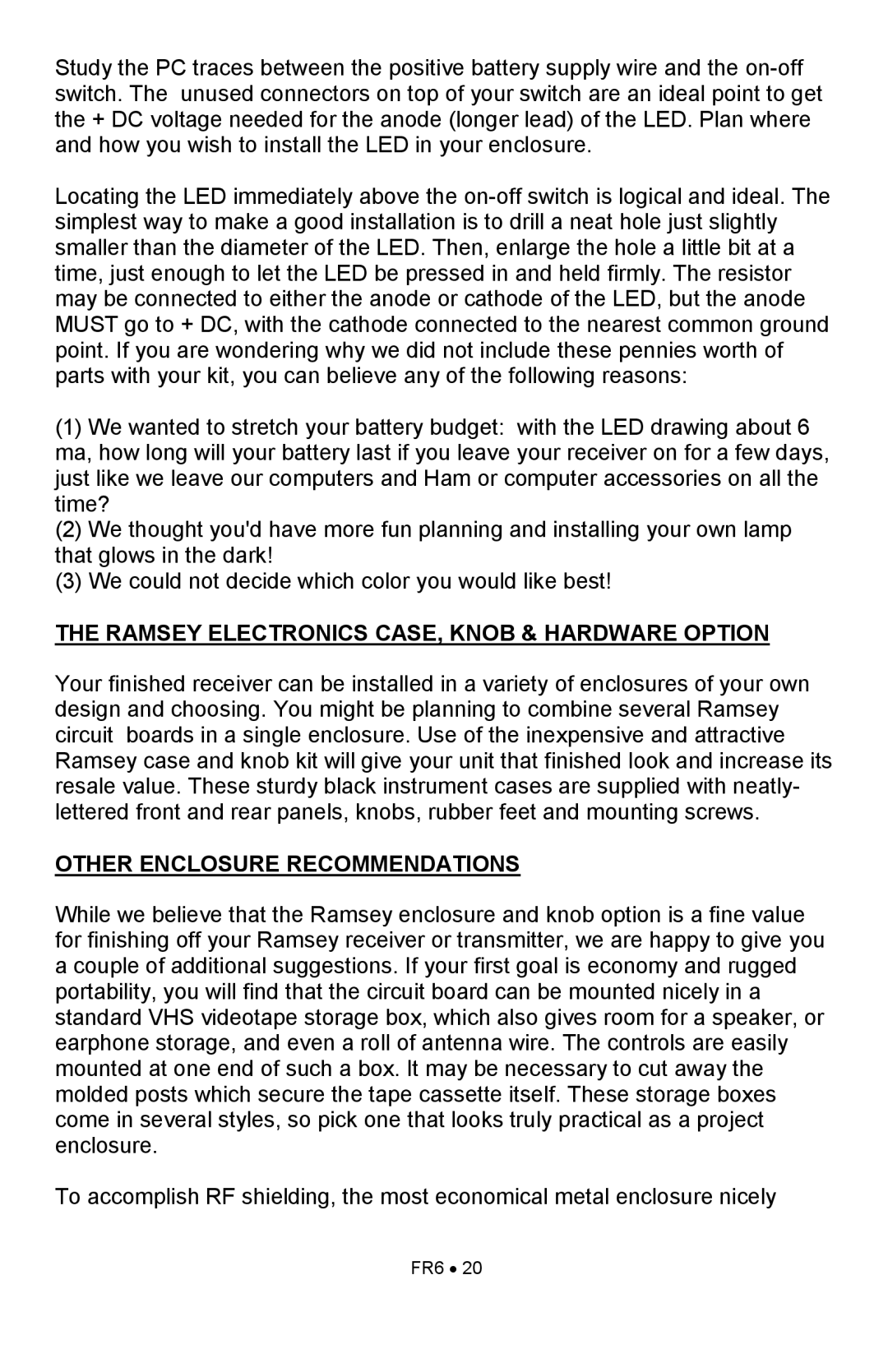 Ramsey Electronics FR6 manual Ramsey Electronics CASE, Knob & Hardware Option, Other Enclosure Recommendations 