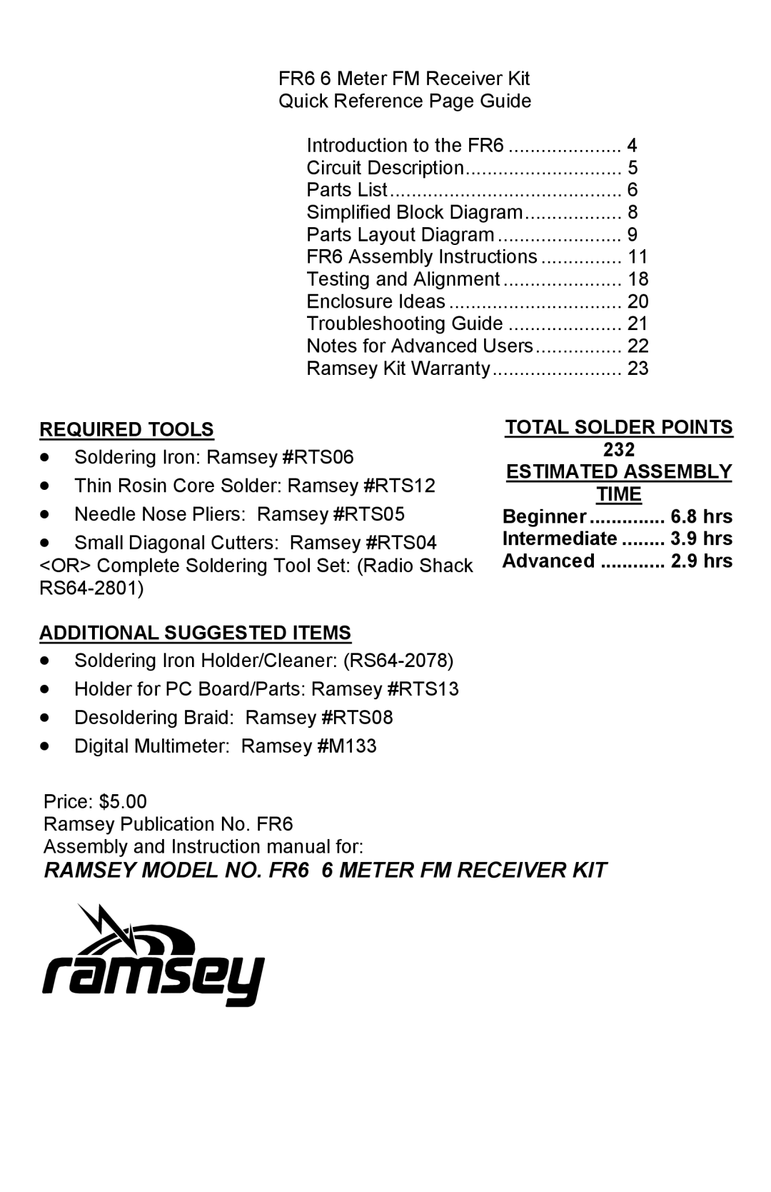 Ramsey Electronics FR6 manual Required Tools, Additional Suggested Items, Total Solder Points, Estimated Assembly Time 