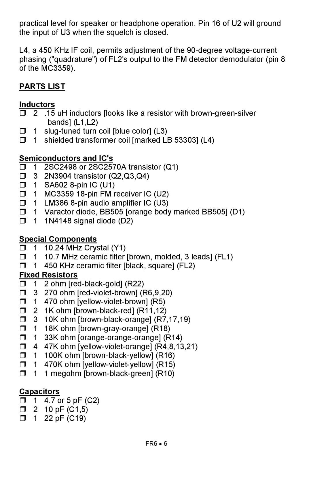 Ramsey Electronics FR6 manual Parts List 