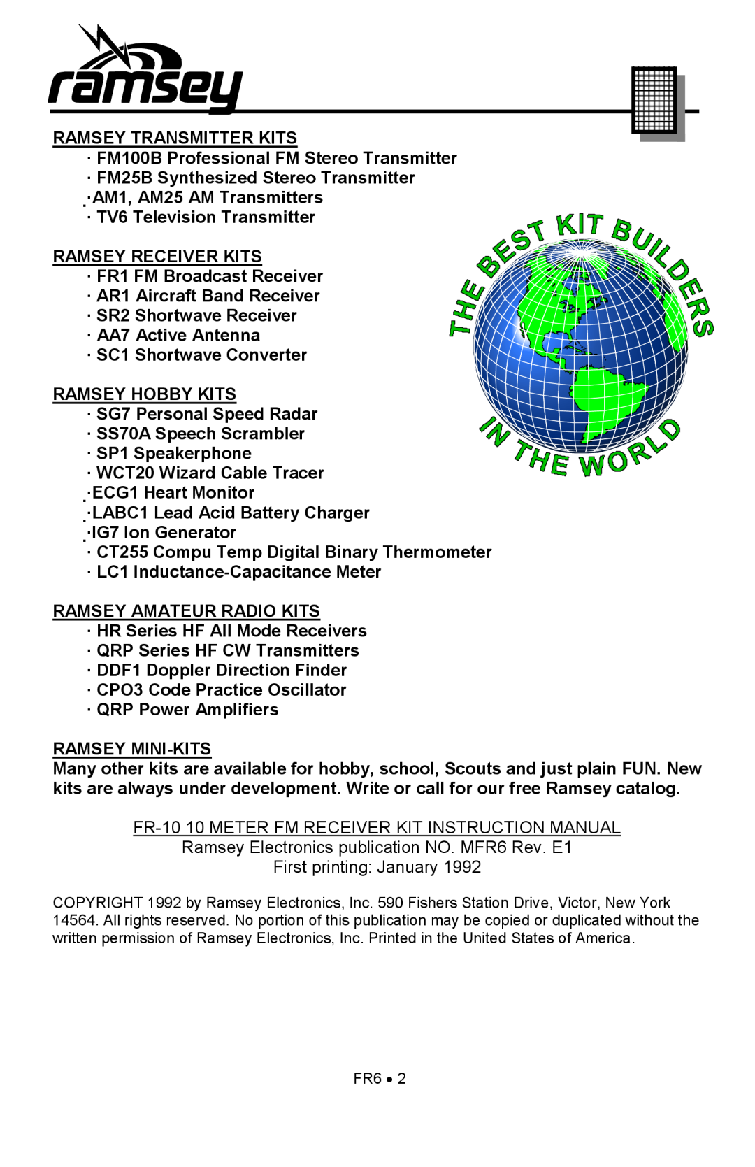 Ramsey Electronics FR6 manual Ramsey Transmitter Kits 