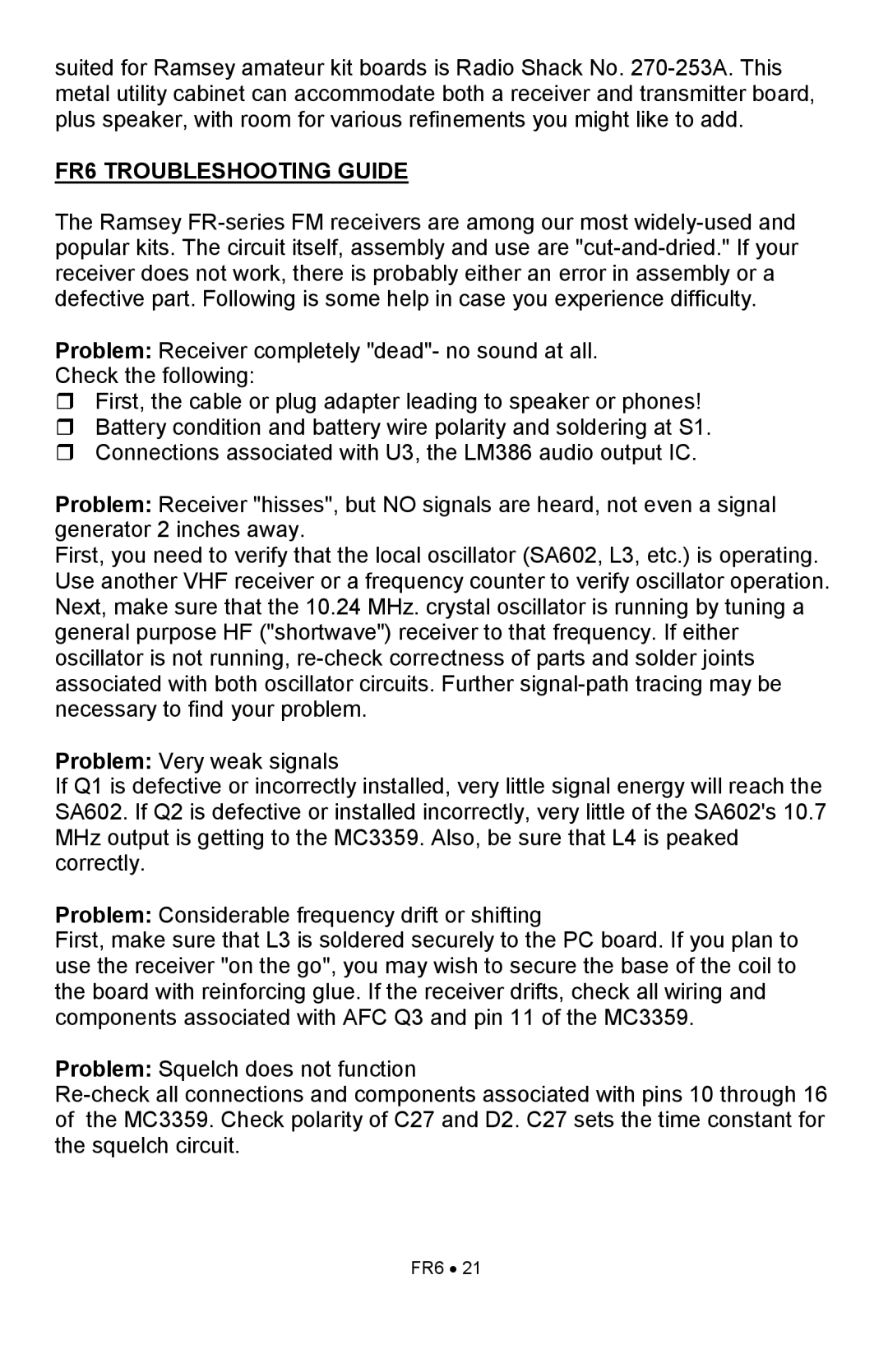 Ramsey Electronics manual FR6 TROUBLESHOOTING GUIDE 