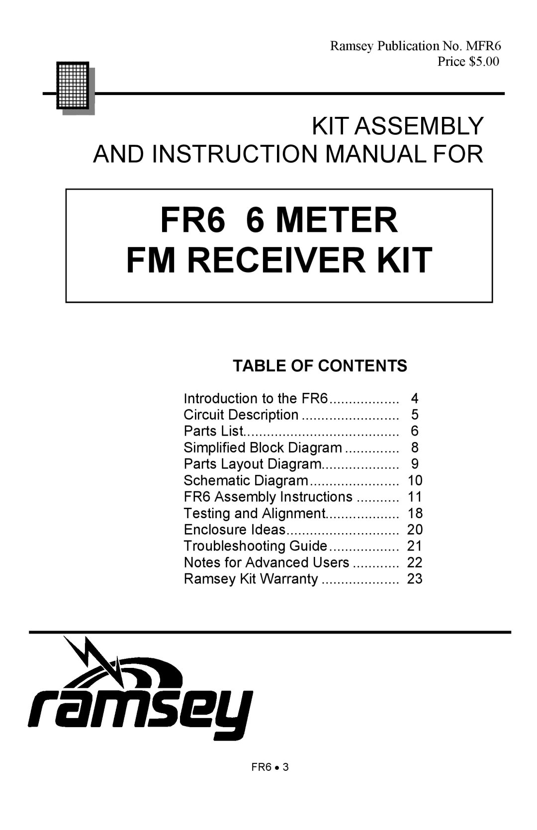 Ramsey Electronics manual FR6 6 METER FM RECEIVER KIT, Table Of Contents, Kit Assembly 