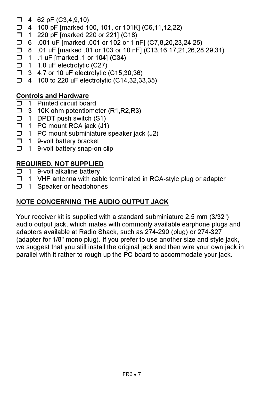 Ramsey Electronics FR6 manual Controls and Hardware, Required, Not Supplied, Note Concerning The Audio Output Jack 