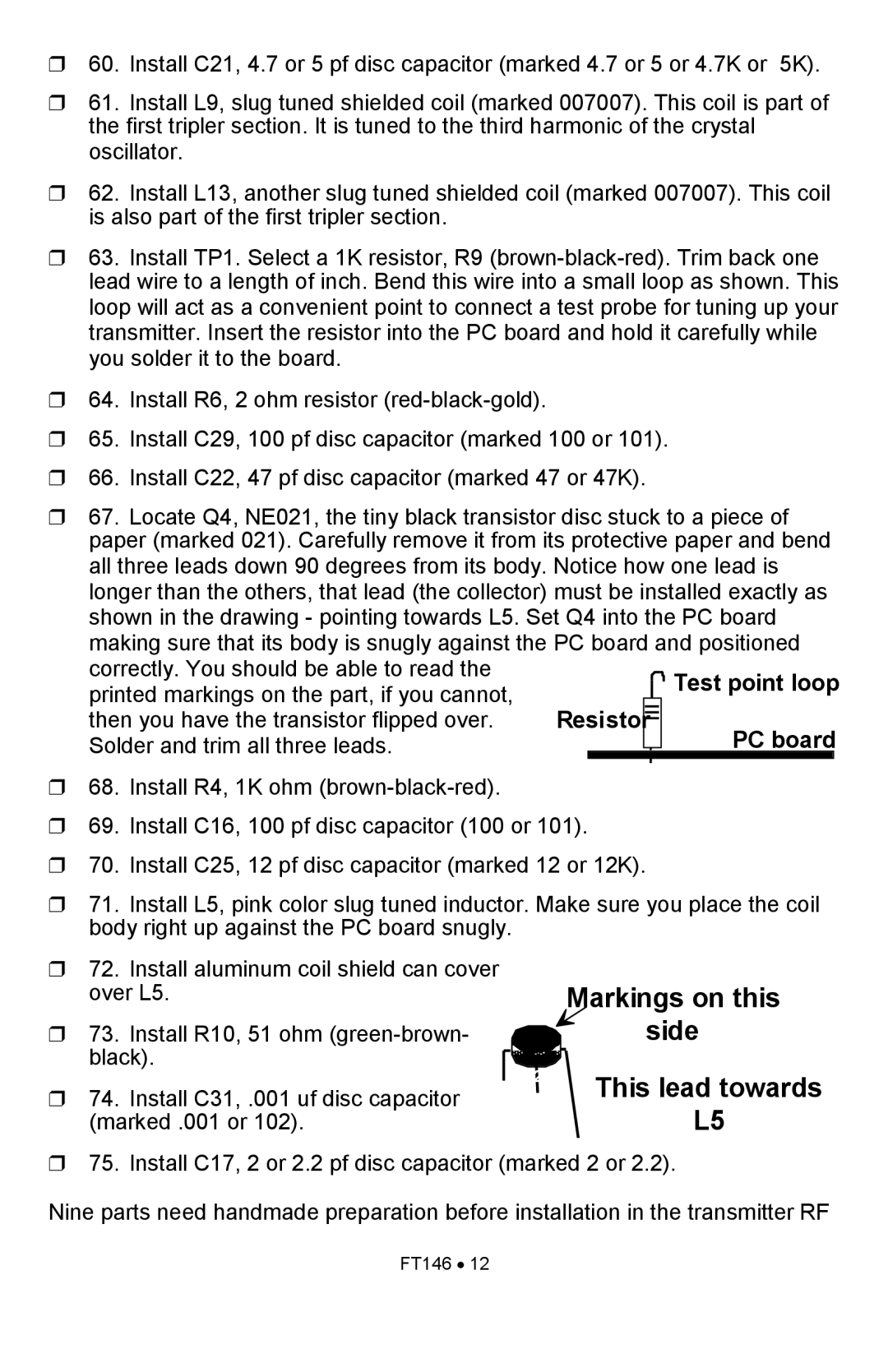 Ramsey Electronics FT146 manual Test point loop, Resisto, PC board 