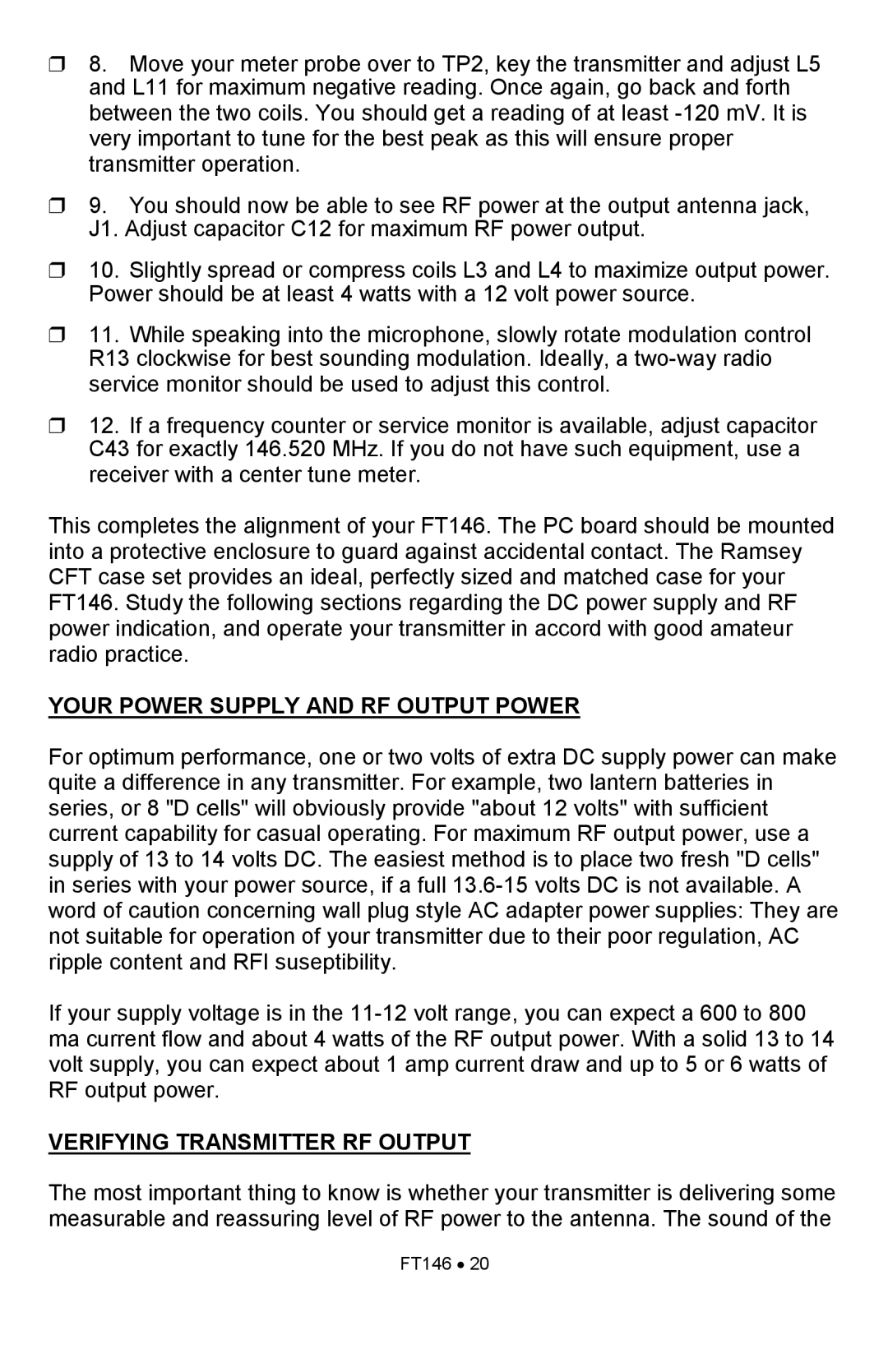 Ramsey Electronics FT146 manual Your Power Supply and RF Output Power, Verifying Transmitter RF Output 