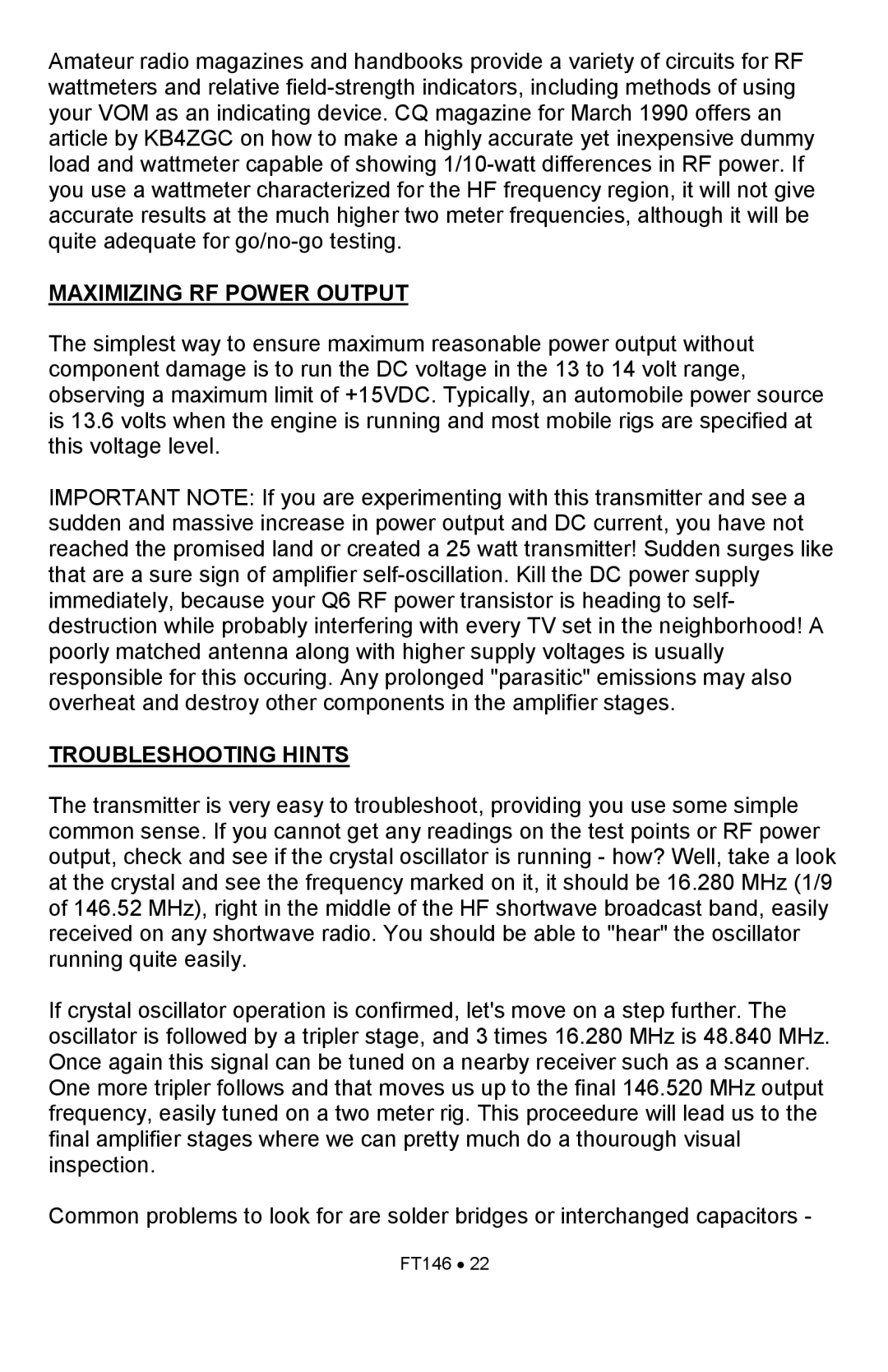 Ramsey Electronics FT146 manual Maximizing RF Power Output, Troubleshooting Hints 