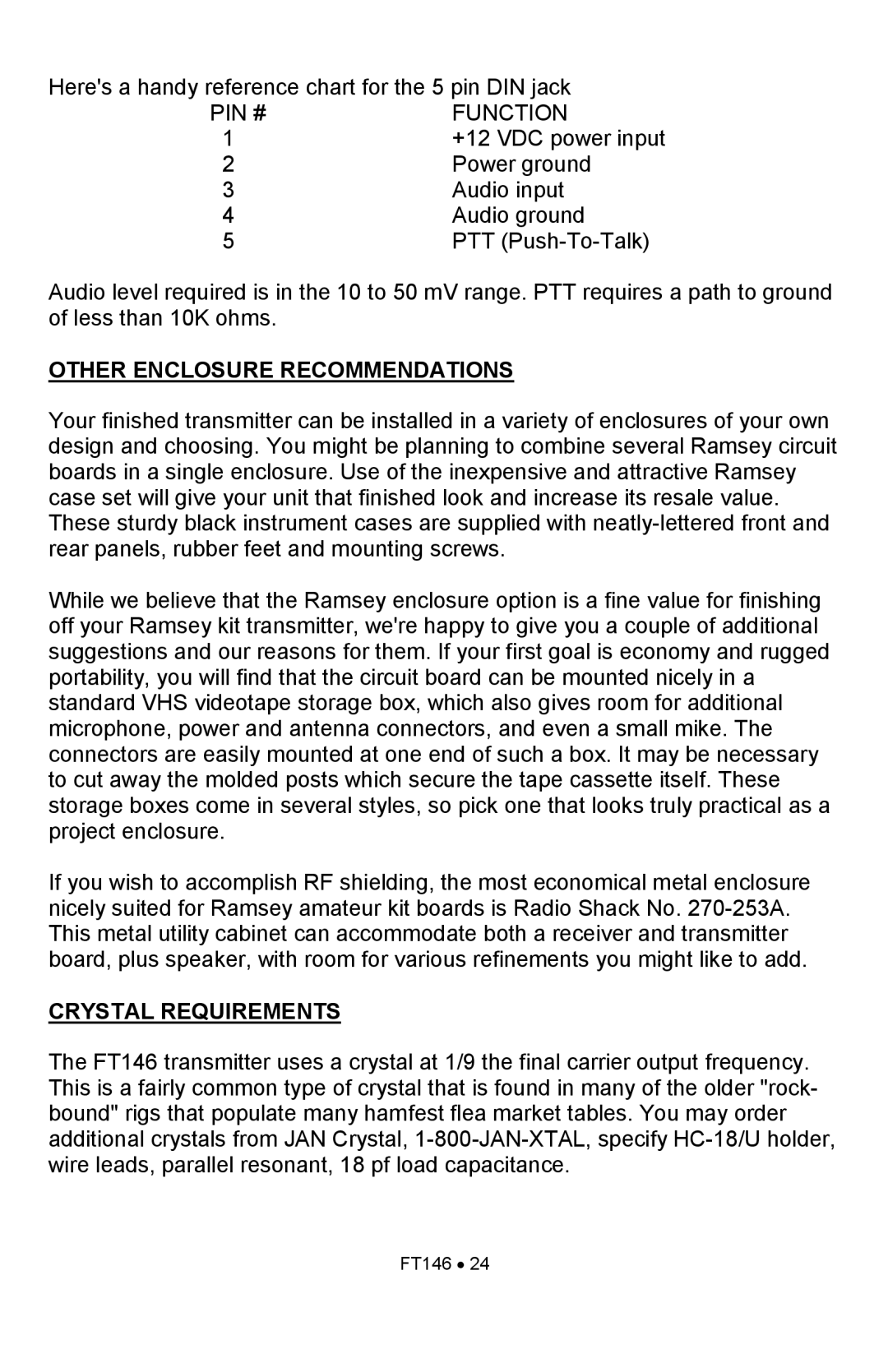 Ramsey Electronics FT146 manual Other Enclosure Recommendations, Crystal Requirements 