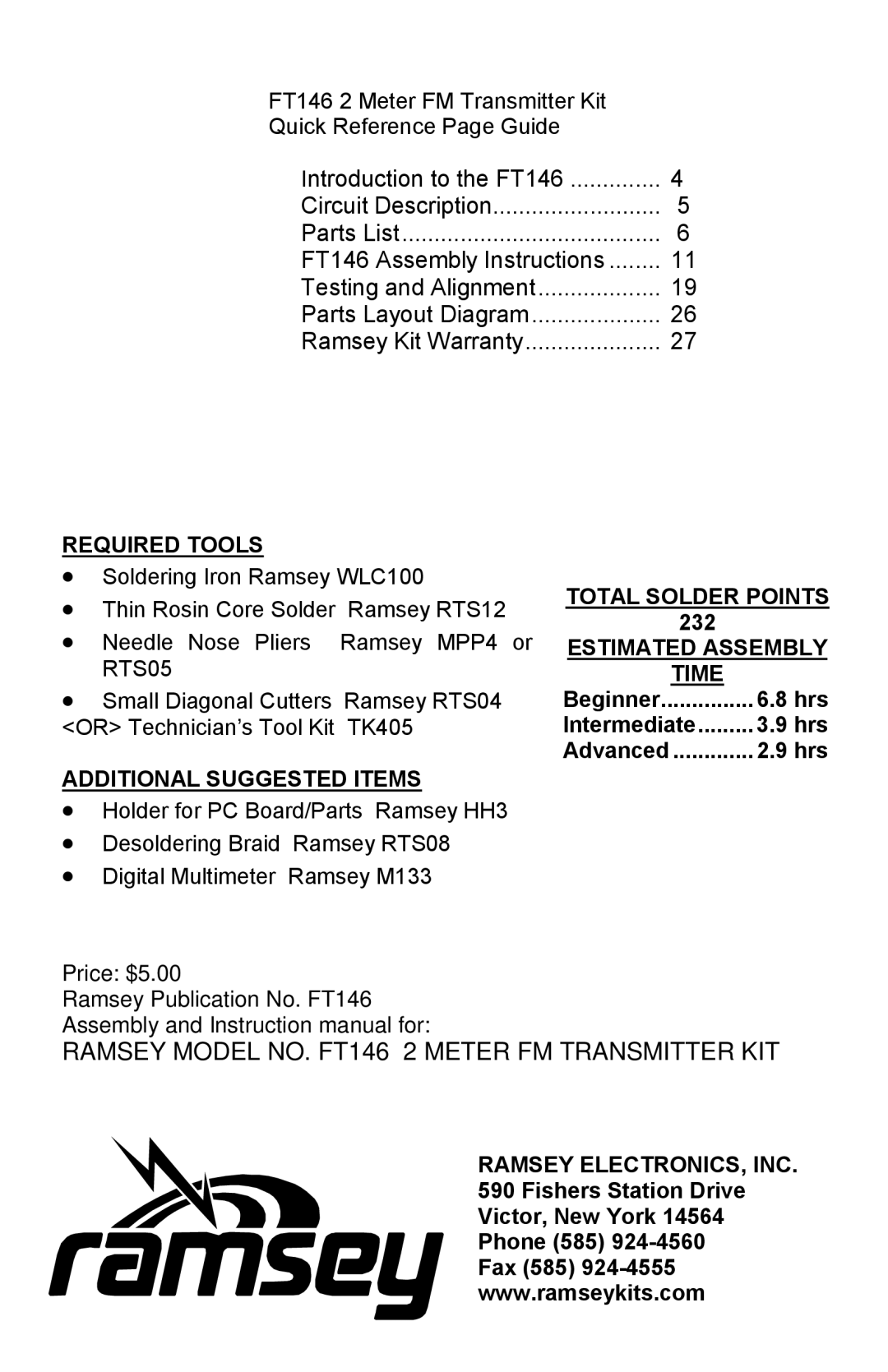 Ramsey Electronics FT146 manual Required Tools, Total Solder Points, Estimated Assembly, Time, Additional Suggested Items 