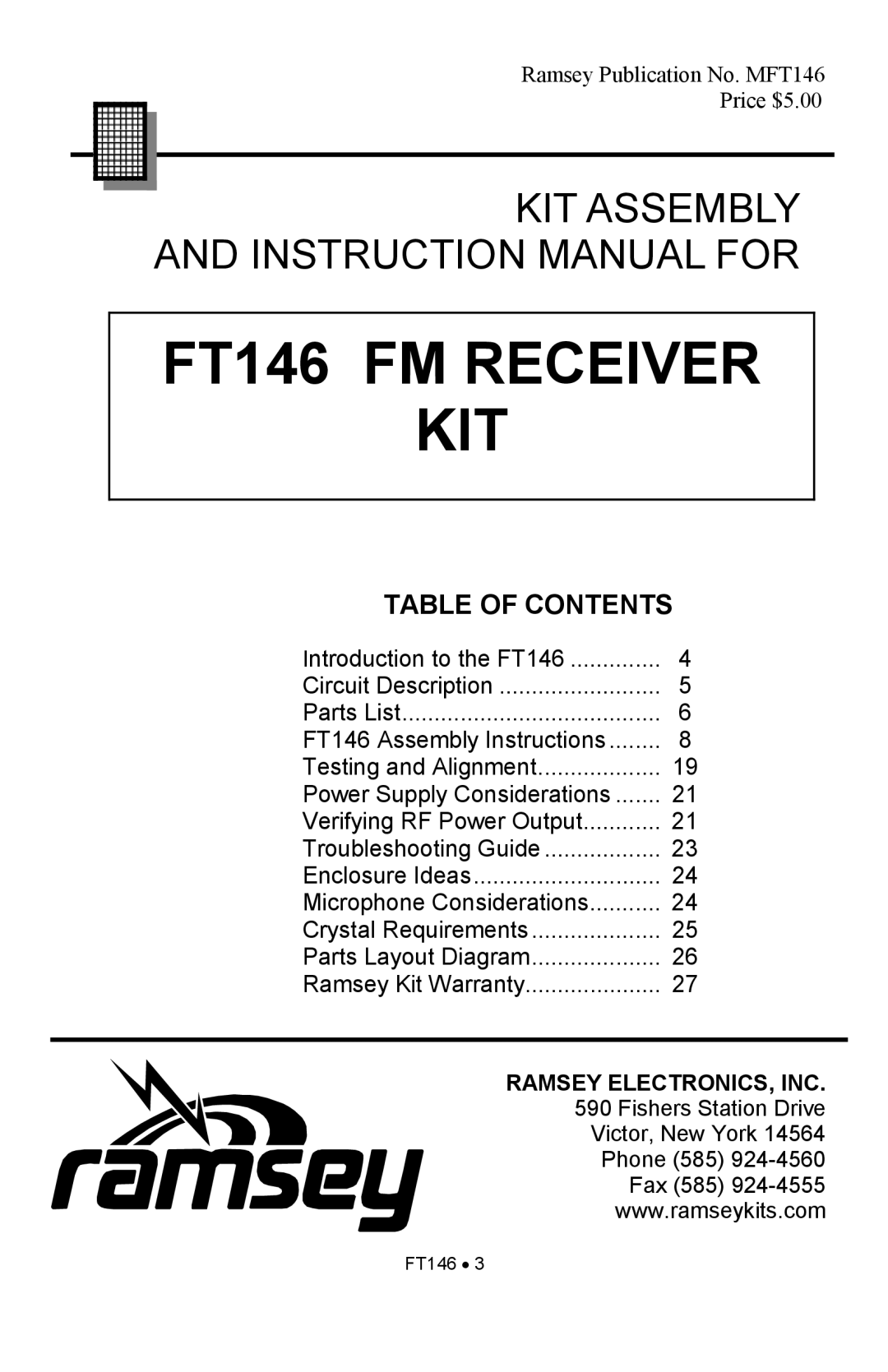 Ramsey Electronics manual FT146 FM Receiver KIT 