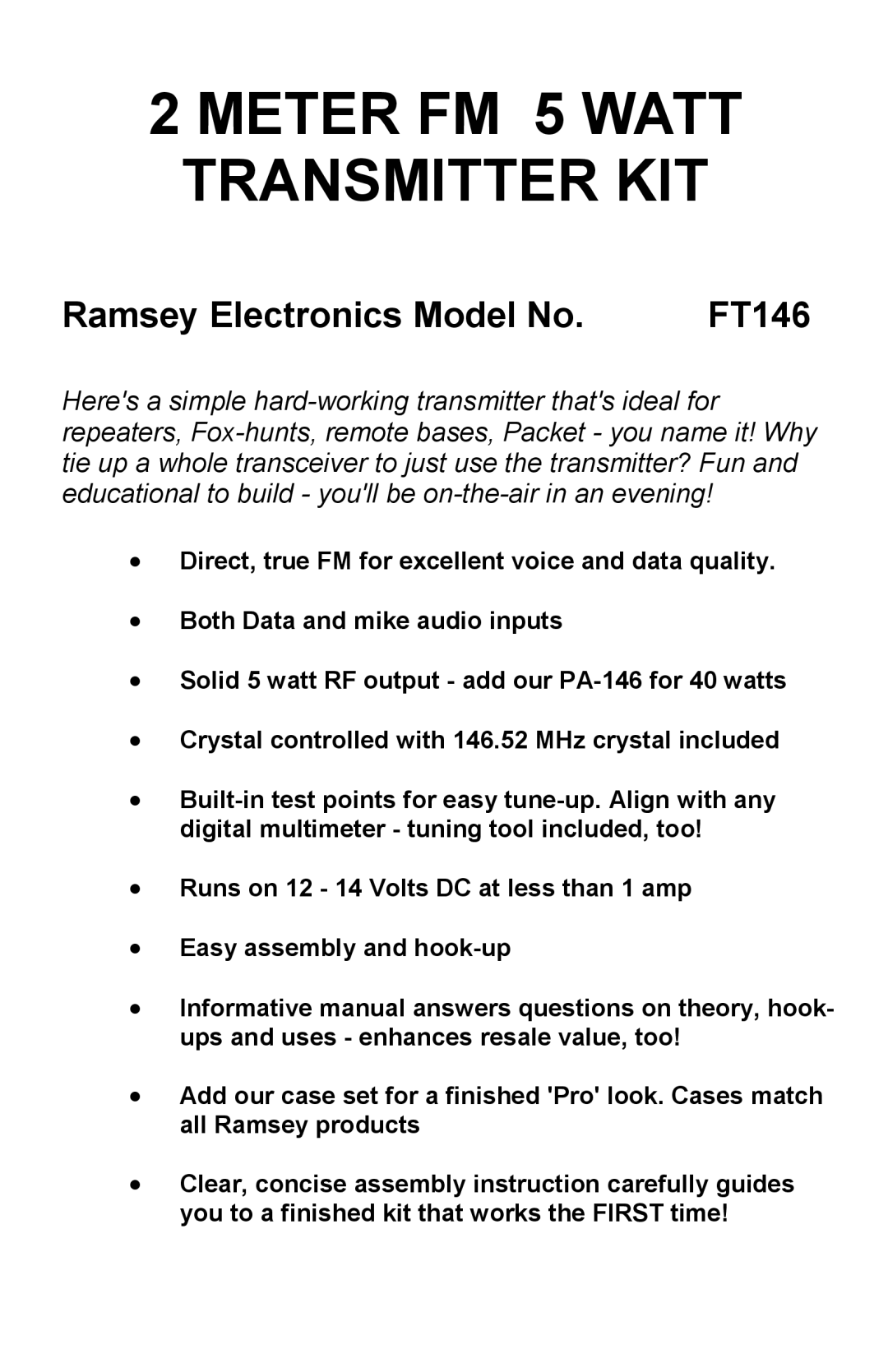 Ramsey Electronics FT146 manual METER FM 5 WATT TRANSMITTER KIT, Ramsey Electronics Model No 