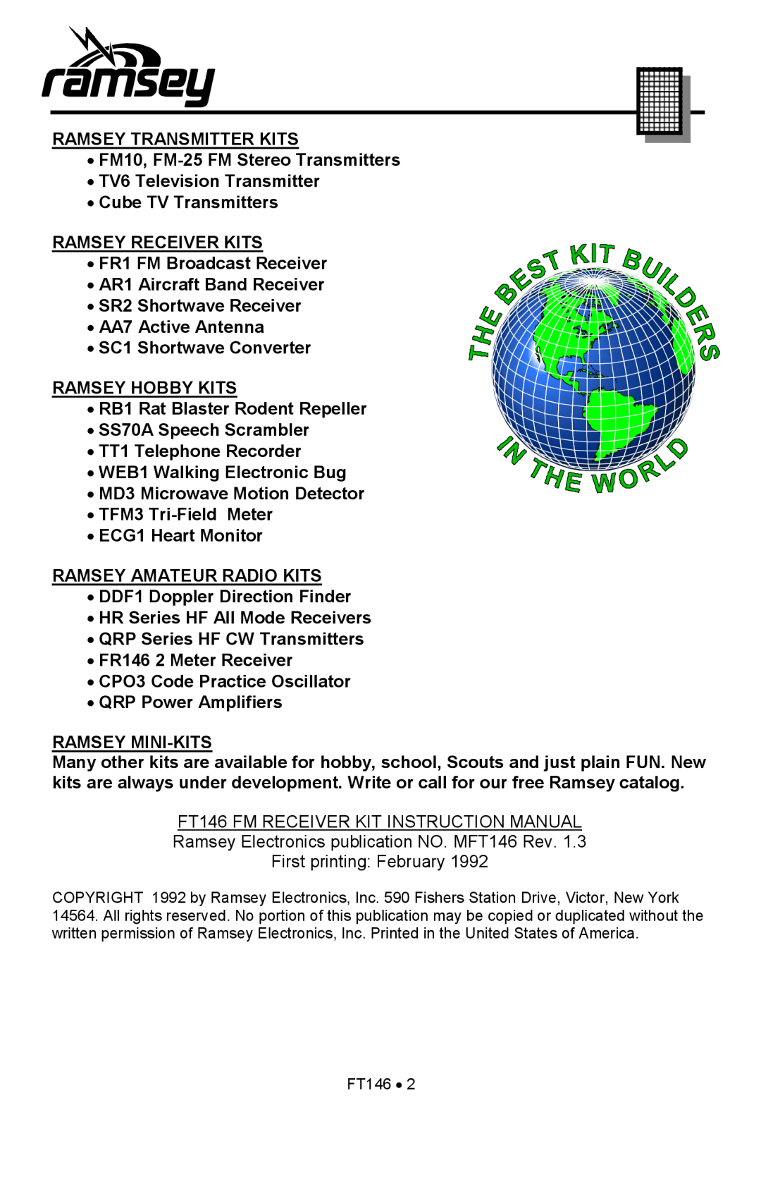 Ramsey Electronics FT146 manual Ramsey Transmitter Kits 