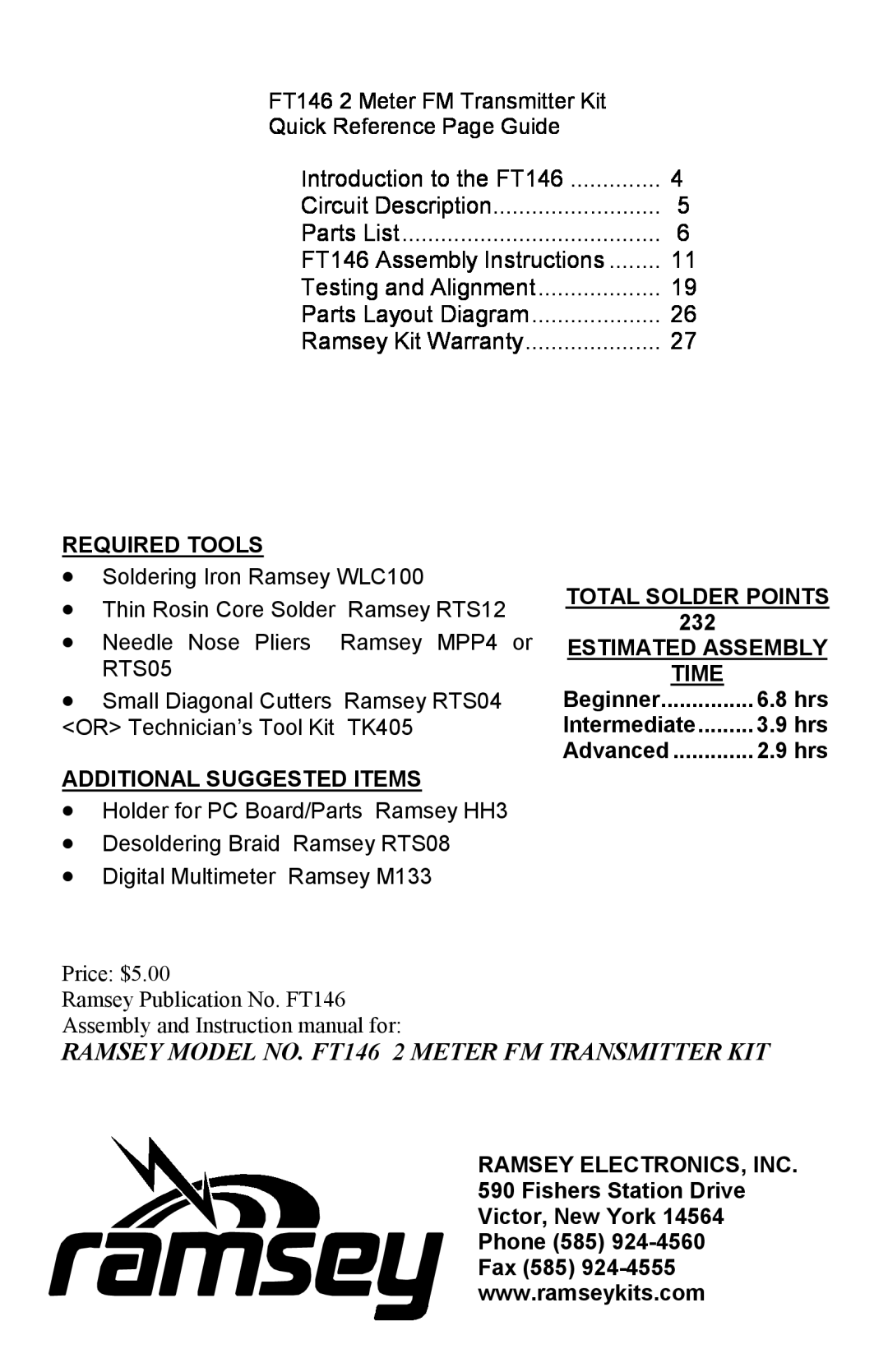 Ramsey Electronics manual RAMSEY MODEL NO. FT146 2 METER FM TRANSMITTER KIT, Required Tools, Total Solder Points, Time 