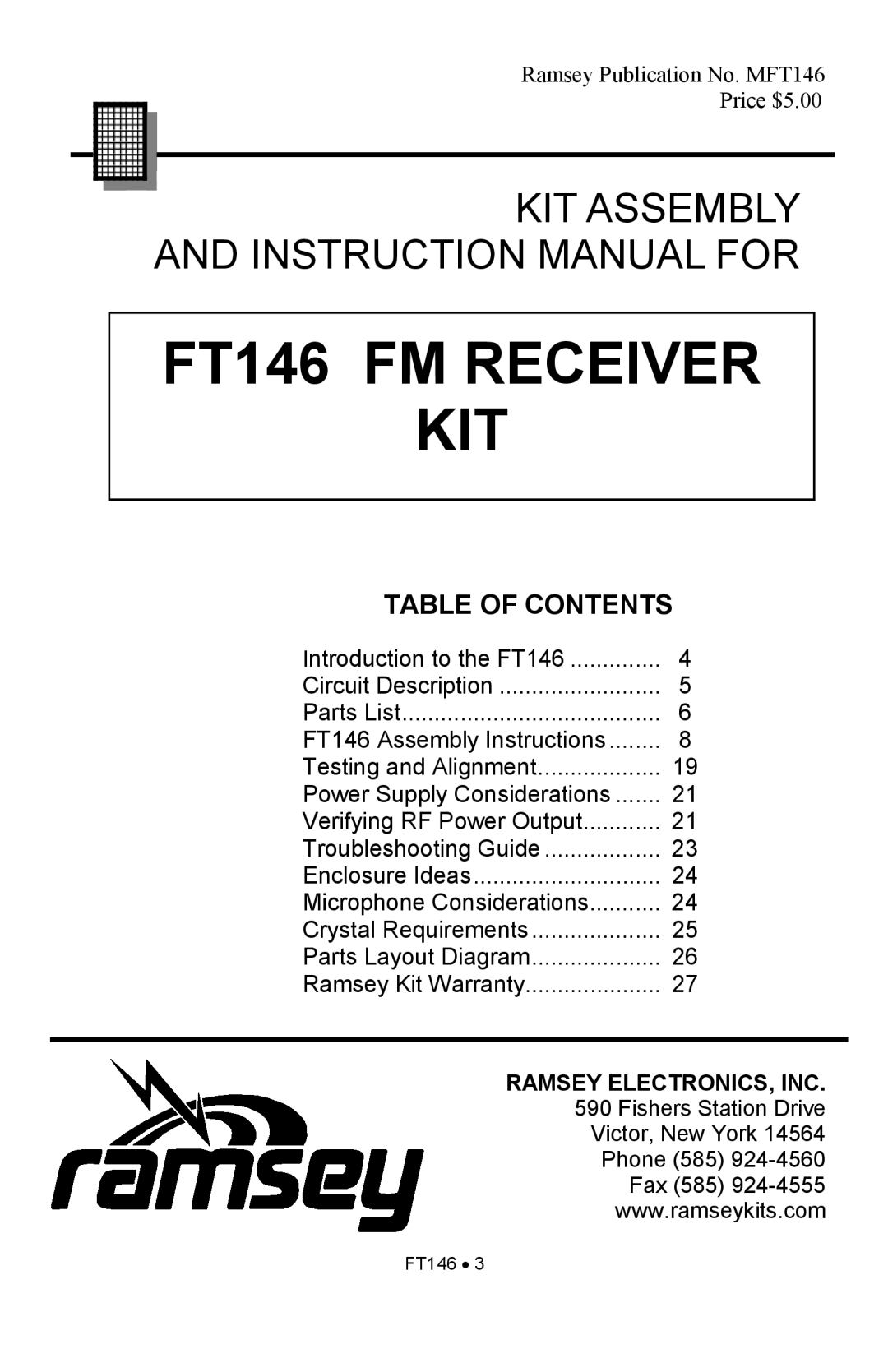 Ramsey Electronics manual FT146 FM RECEIVER KIT, Table Of Contents, Kit Assembly 