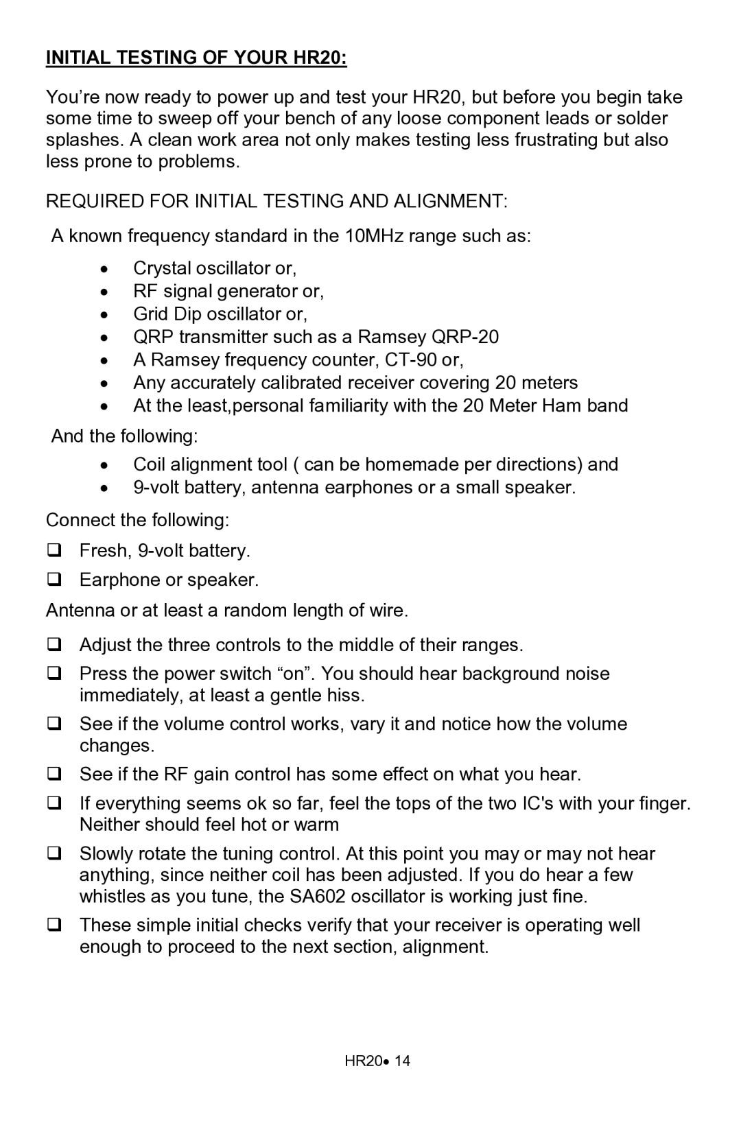 Ramsey Electronics manual Initial Testing of Your HR20, Required for Initial Testing and Alignment 