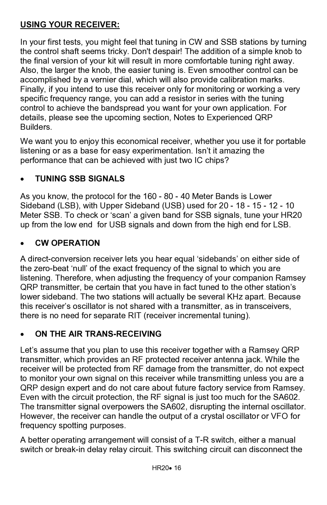 Ramsey Electronics HR20 manual Using Your Receiver, Tuning SSB Signals, CW Operation, On the AIR TRANS-RECEIVING 