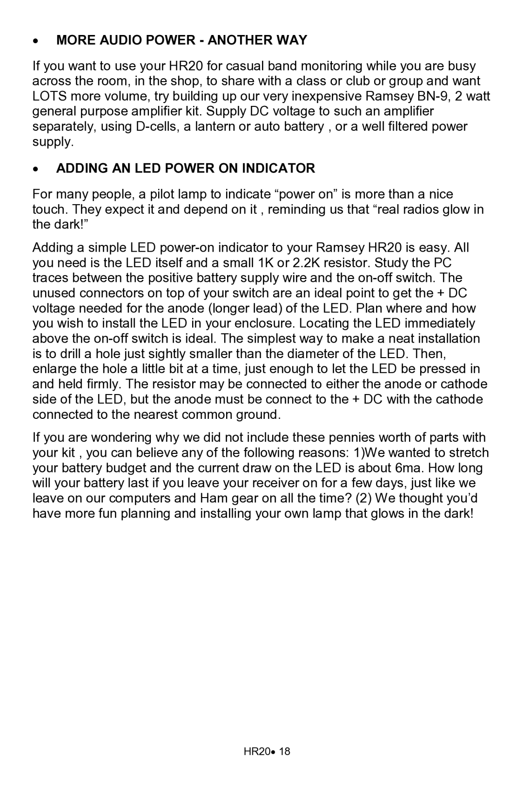 Ramsey Electronics HR20 manual More Audio Power Another WAY, Adding AN LED Power on Indicator 