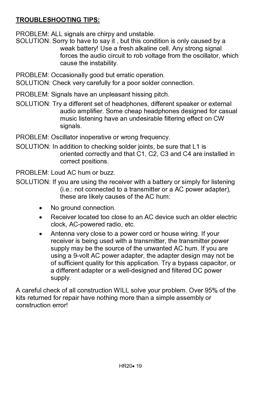 Ramsey Electronics HR20 manual Troubleshooting Tips 