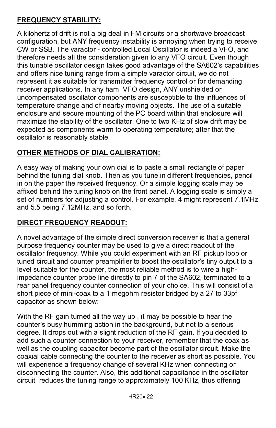 Ramsey Electronics HR20 manual Frequency Stability, Other Methods of Dial Calibration, Direct Frequency Readout 