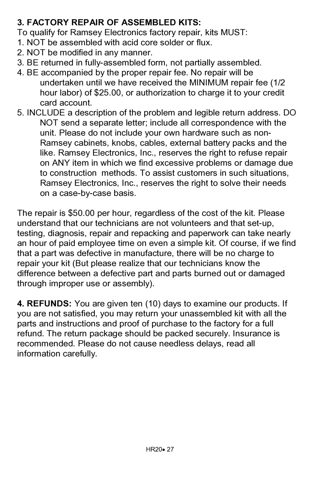 Ramsey Electronics HR20 manual Factory Repair of Assembled Kits 