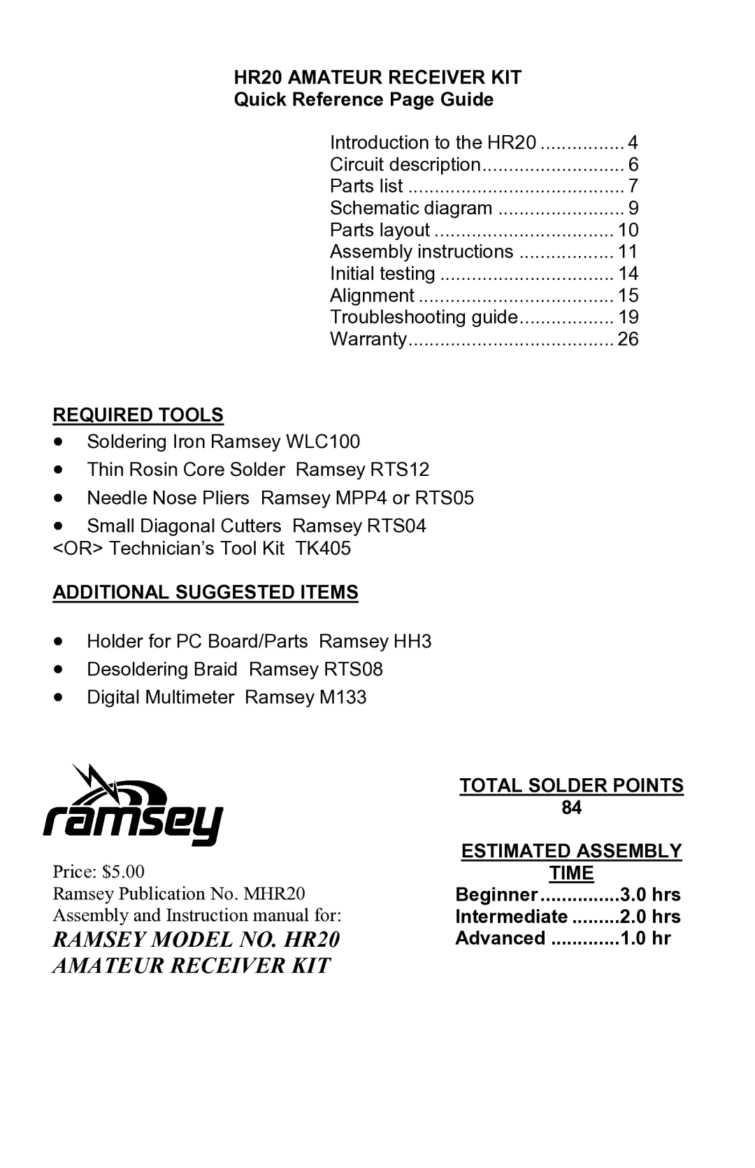 Ramsey Electronics manual HR20 Amateur Receiver KIT, Required Tools, Additional Suggested Items 