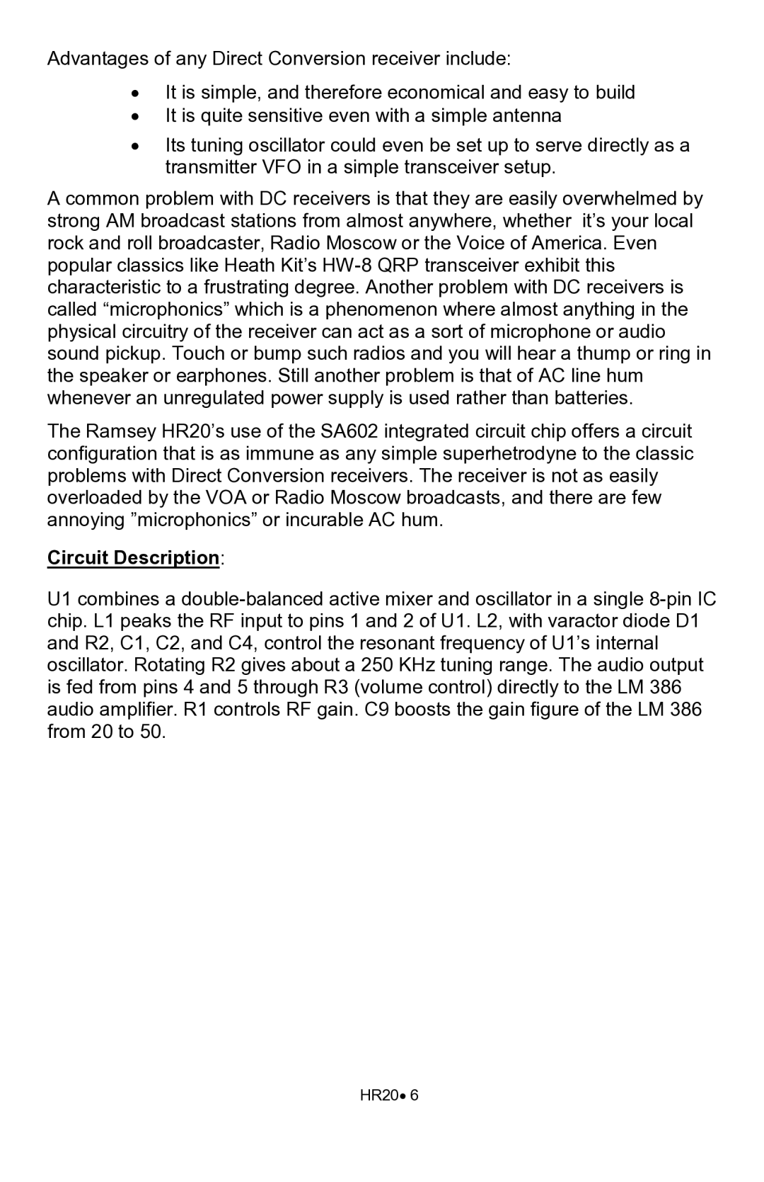 Ramsey Electronics HR20 manual Circuit Description 