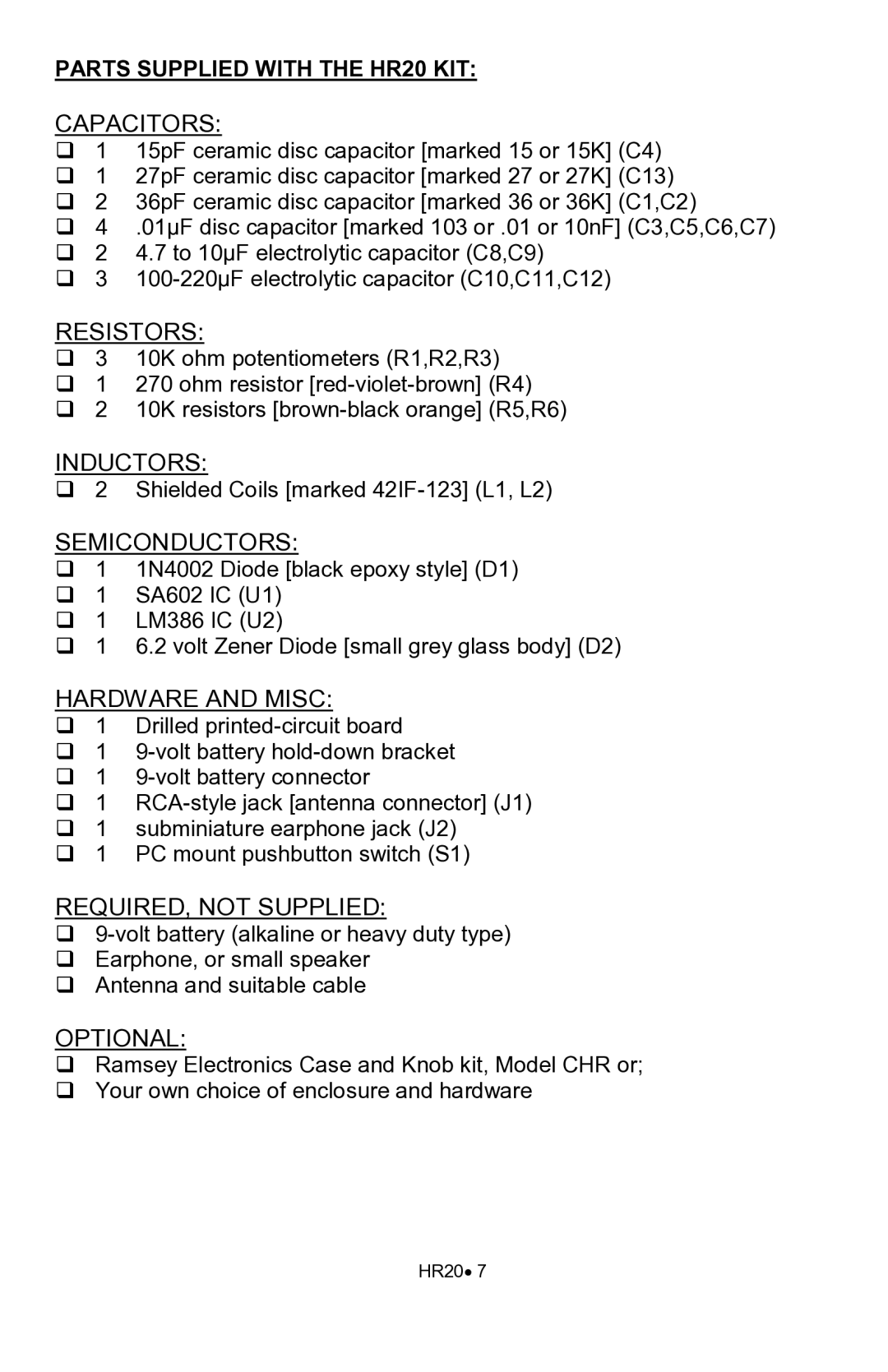 Ramsey Electronics manual Capacitors, Parts Supplied with the HR20 KIT 