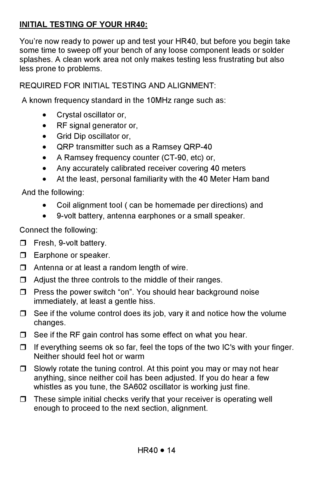 Ramsey Electronics manual Initial Testing of Your HR40, Required for Initial Testing and Alignment 