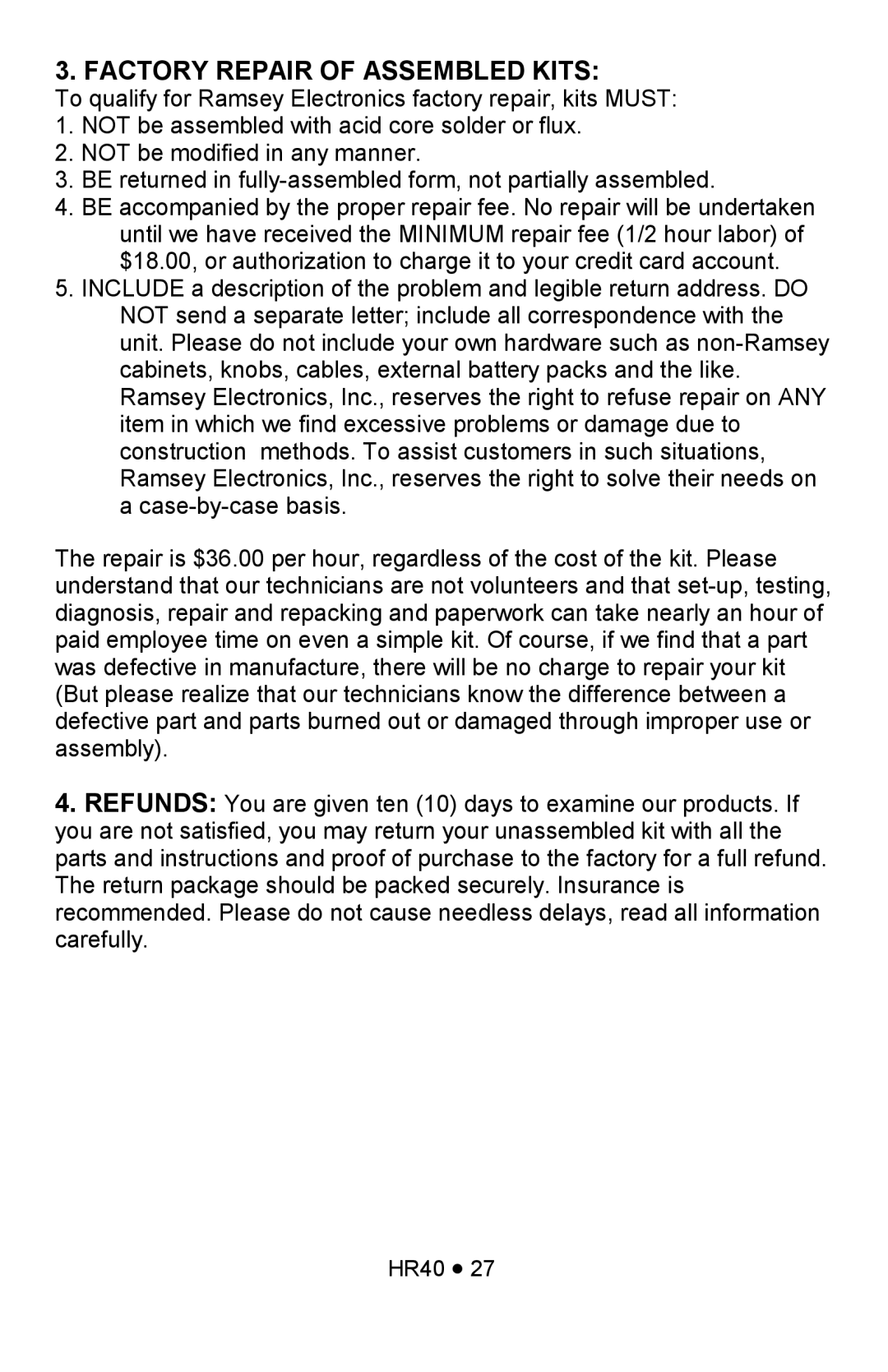 Ramsey Electronics HR40 manual Factory Repair of Assembled Kits 