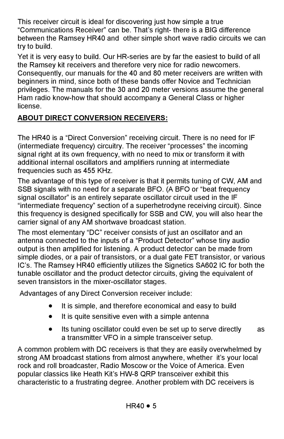 Ramsey Electronics HR40 manual About Direct Conversion Receivers 