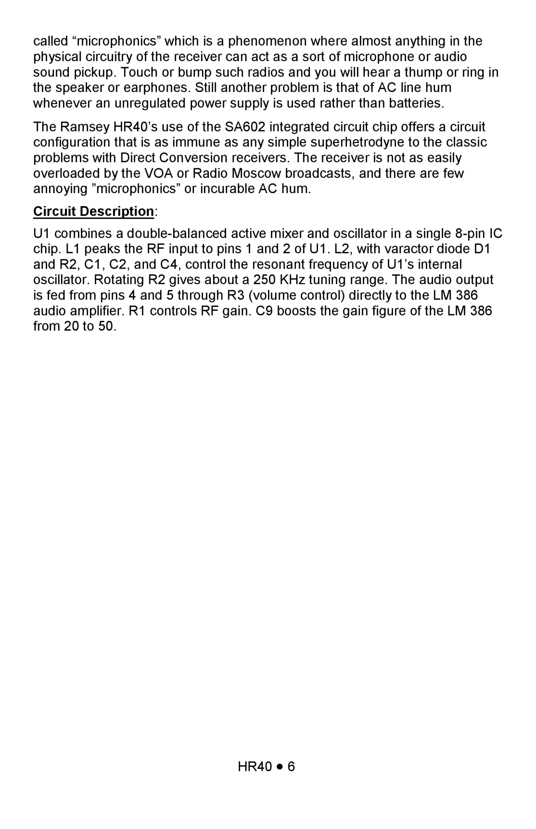 Ramsey Electronics HR40 manual Circuit Description 