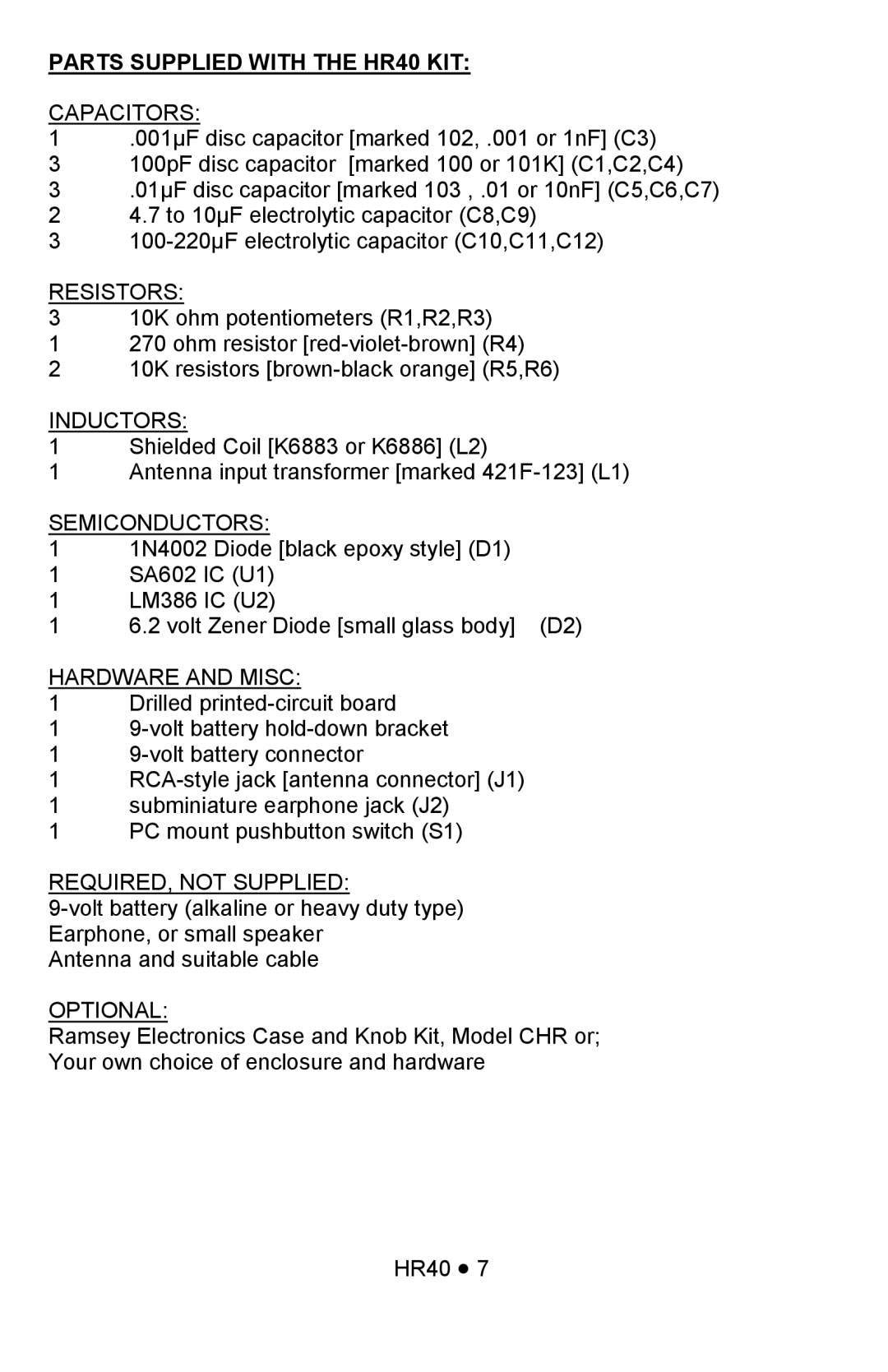 Ramsey Electronics manual Parts Supplied with the HR40 KIT, Capacitors 