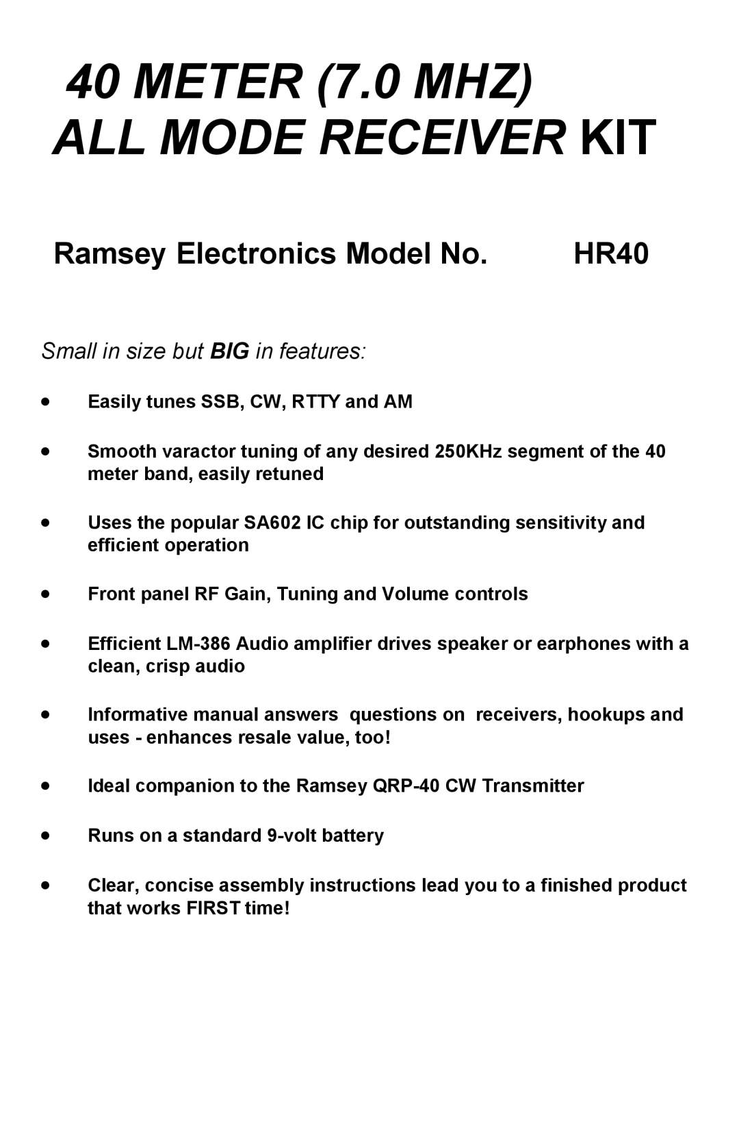Ramsey Electronics HR40 manual METER 7.0 MHZ ALL MODE RECEIVER KIT, Ramsey Electronics Model No 