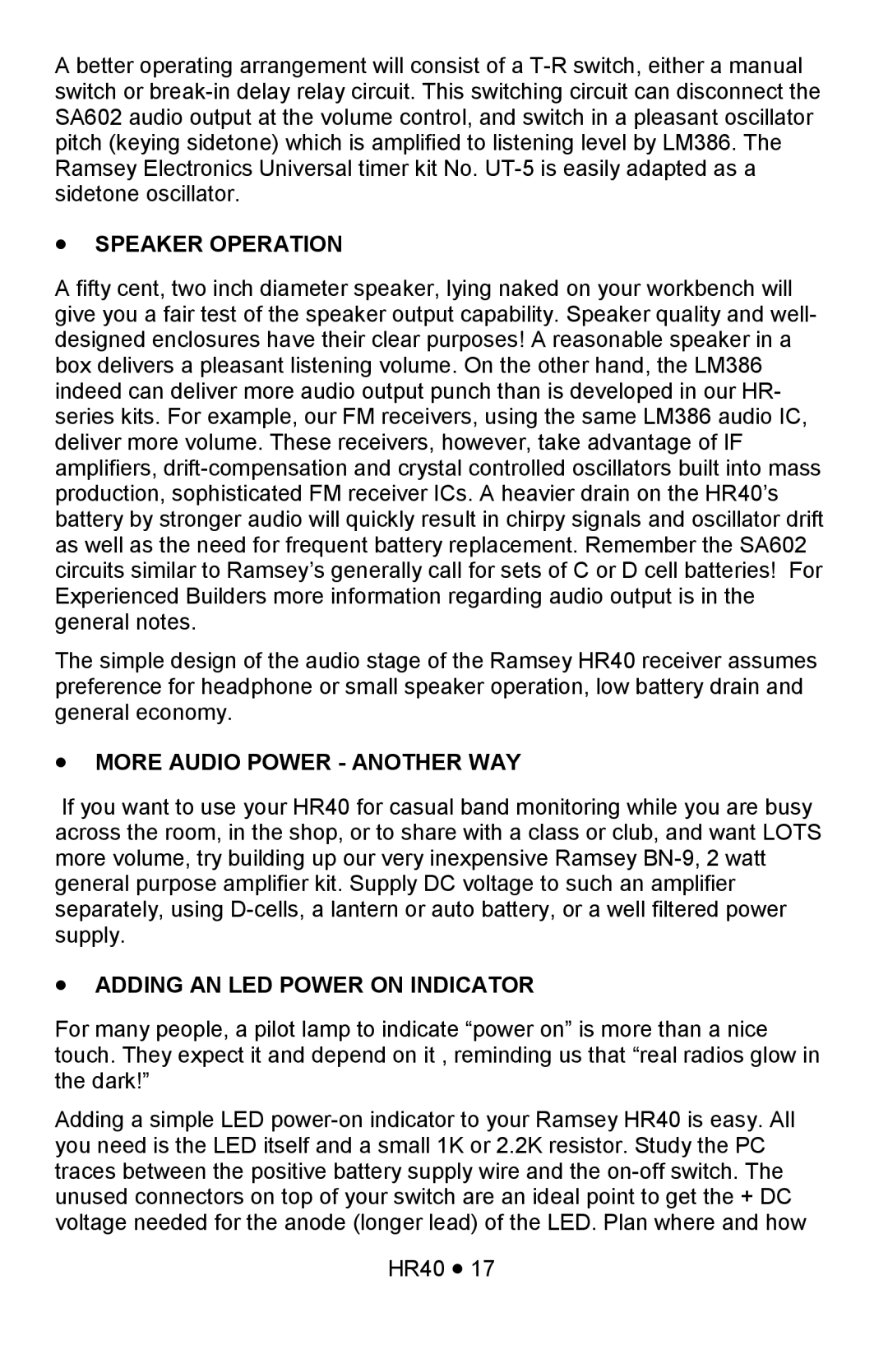 Ramsey Electronics HR40 manual Speaker Operation, More Audio Power - Another Way, Adding An Led Power On Indicator 