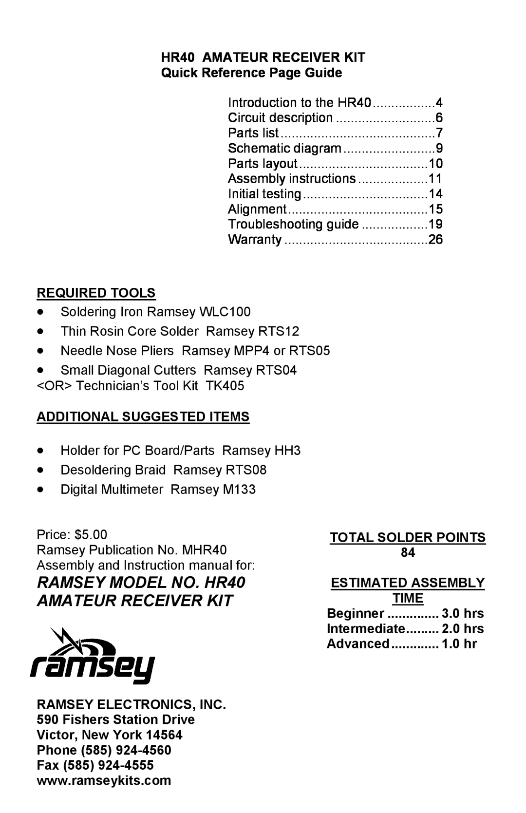Ramsey Electronics manual RAMSEY MODEL NO. HR40 AMATEUR RECEIVER KIT 