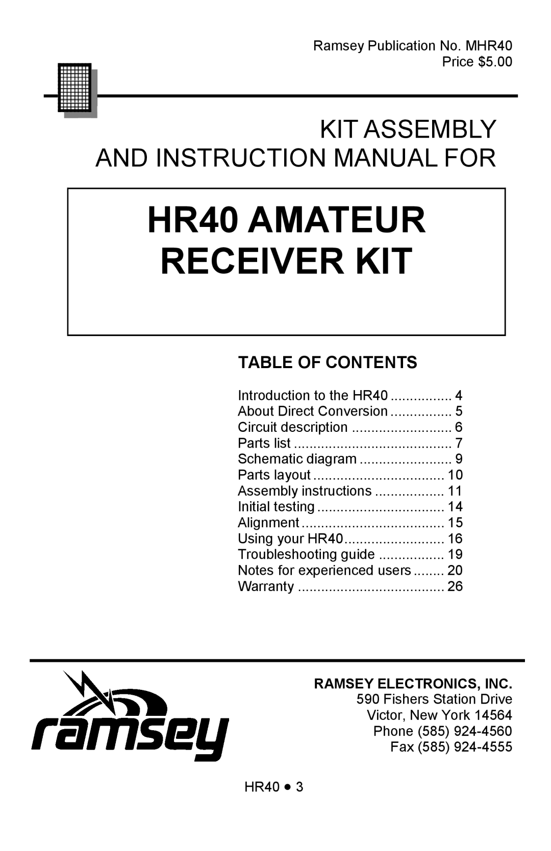 Ramsey Electronics manual HR40 AMATEUR RECEIVER KIT, Kit Assembly, Table Of Contents 