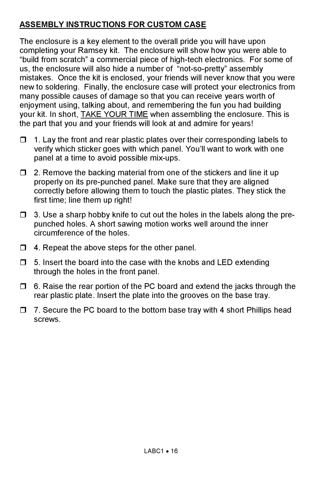Ramsey Electronics LABC1, LEAD ACID BATTERY CHARGER KIT manual Assembly Instructions for Custom Case 