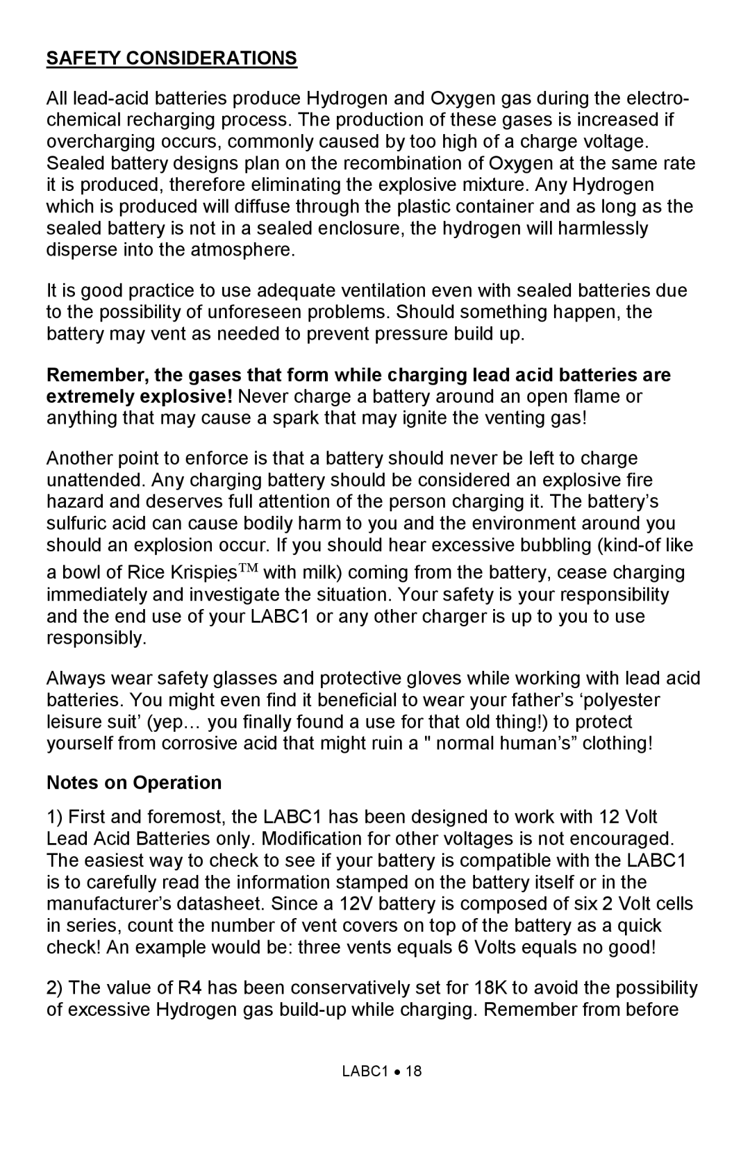 Ramsey Electronics LABC1, LEAD ACID BATTERY CHARGER KIT manual Safety Considerations 