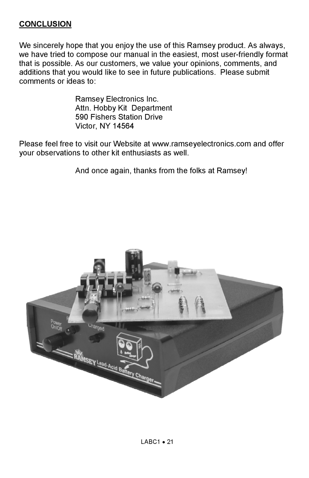 Ramsey Electronics LEAD ACID BATTERY CHARGER KIT, LABC1 manual Conclusion 