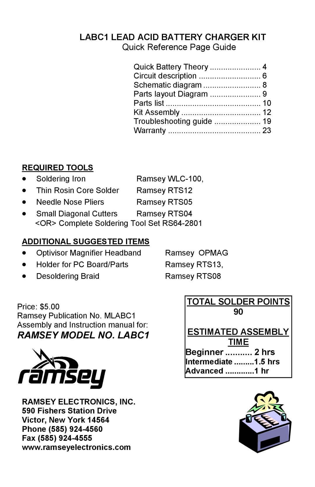 Ramsey Electronics LABC1 manual Required Tools, Additional Suggested Items, Ramsey ELECTRONICS, INC, Hrs 