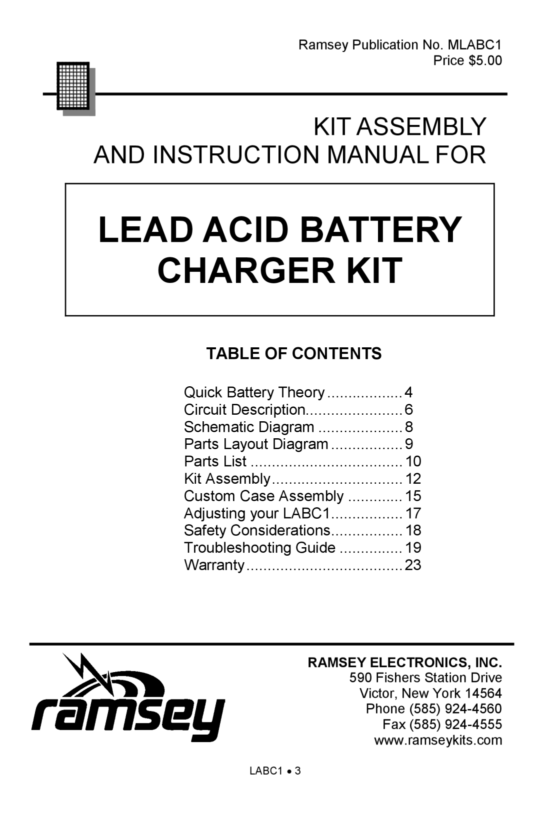 Ramsey Electronics LEAD ACID BATTERY CHARGER KIT, LABC1 manual Lead Acid Battery Charger KIT 